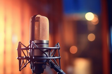 close up Radio station microphone in recording studio with blur background