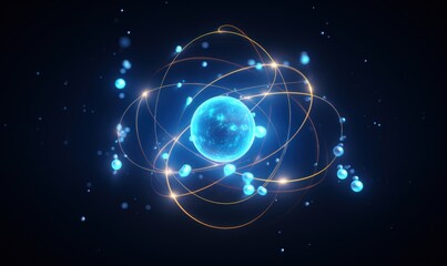 Science thechnology background with a model of an atom and flying electrons - obrazy, fototapety, plakaty