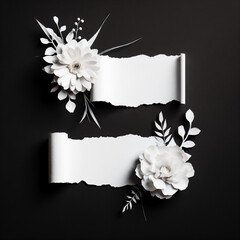 Long piece of torn white paper with white flowers，for text,as text box background