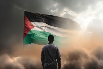 person with Palestine flag on the background of the smoky  sky