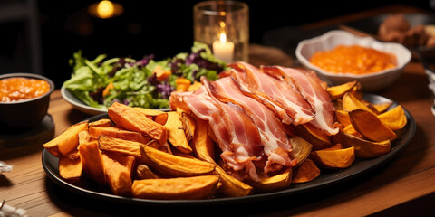 Glazed carved roast ham and sweet potato with fresh herbs and aromatic spices. Homemade baked pork slices at holiday dinner. Xmas dinner table setting on dark background.