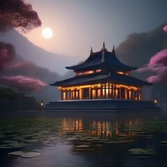 Obraz premium An ancient, moonlit temple surrounded by luminous, floating lily pads3