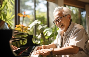 Happily unwinding Asian senior retired man learning to play the piano at home, aged man in his living room, wearing spectacles.