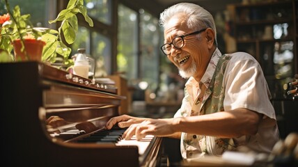 Happily unwinding Asian senior retired man learning to play the piano at home, aged man in his living room, wearing spectacles. - obrazy, fototapety, plakaty