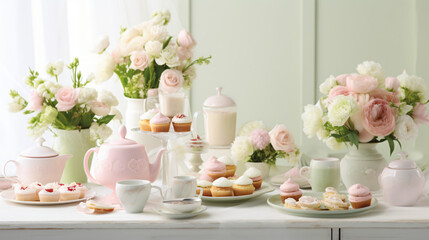 Fototapeta na wymiar Mothers Day tea table scene over a white wood background