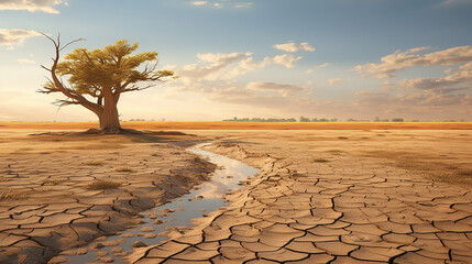 dramatic empty scene of arid land or drought soil with old tress and bird flying in the distance.