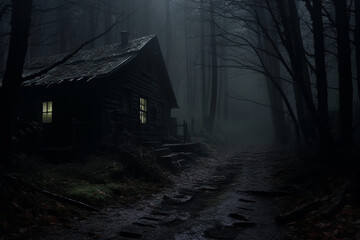 empty cabin with iluminated window in the misty woods, lonely feeling dark and creepy forest. - obrazy, fototapety, plakaty