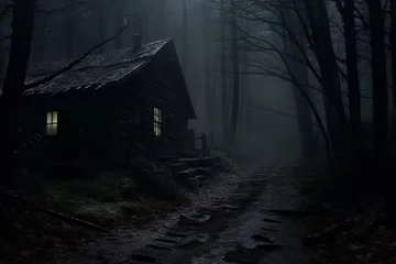 Fotobehang empty cabin with iluminated window in the misty woods, lonely feeling dark and creepy forest. © thebaikers