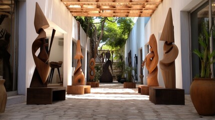 A private outdoor art gallery featuring sculptures and avant-garde installations.