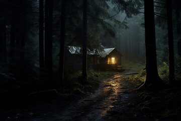empty cabin with iluminated window in the misty woods, lonely feeling dark and creepy forest.