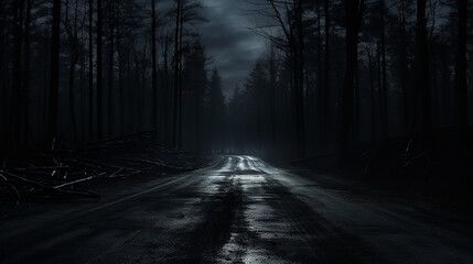Fototapeta premium creepy empty road through the woods in the night, feeling lonely and horror. halloween background.