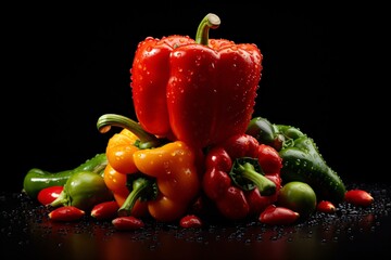 Red capsicum isolated in a black background - obrazy, fototapety, plakaty