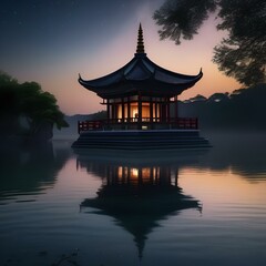 A serene, moonlit temple on the edge of a tranquil lake reflecting the night sky5