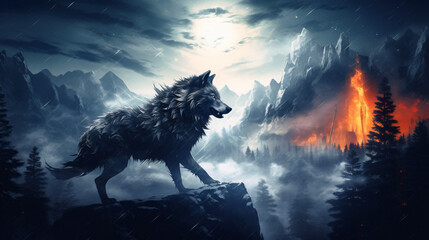 Mountain landscape with full moon and a wolf werewolf