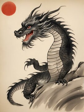 干支、龍の水墨画、墨絵素材｜zodiac. Ink painting of a dragon. Sumi-e material. Generative AI