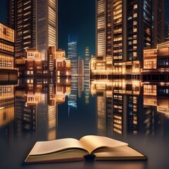 A surreal, floating cityscape with buildings that resemble illuminated books3