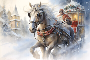 Naklejka na ściany i meble a man riding in a horse drawn sleigh through the snow. generative Sleigh Ride Fantasy Horse-drawn sleigh gliding through a snowy landscape, evoking the idyllic scenes of Christmas past. Generative 