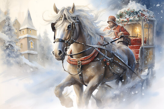 a man riding in a horse drawn sleigh through the snow. generative Sleigh Ride Fantasy Horse-drawn sleigh gliding through a snowy landscape, evoking the idyllic scenes of Christmas past. Generative 