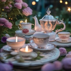 An ethereal, starlit tea party in a garden where teacups shine with their own light5