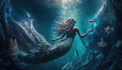 fantasy beautiful cute mermaid in under deep sea