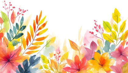 Obraz premium Autumn background design with watercolor brush texture, Flower and botanical leaves watercolor hand drawing