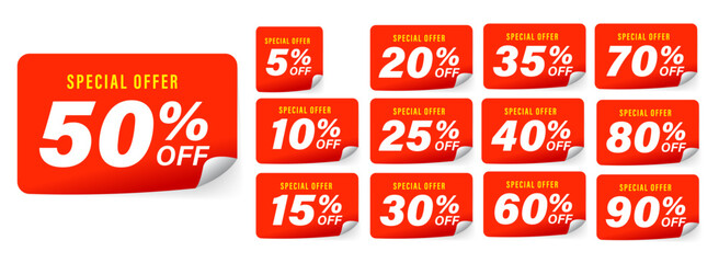 Red Sale Tags Discount Sticker With Curled Corner and Shadow, 3D Special Offer Percentage, Stamp Vector illustration isolated