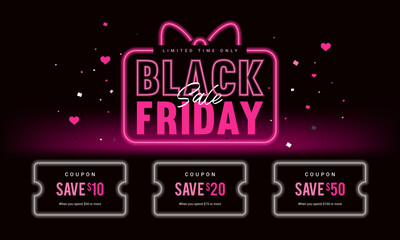 Black Friday Sale Coupon banner vector design. Pink neon lights gift box