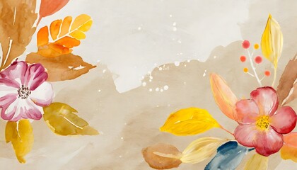 Autumn background design with watercolor brush texture, Flower and botanical leaves watercolor hand drawing