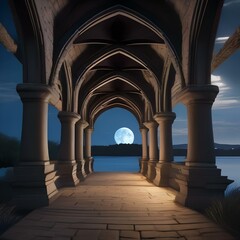 An ancient, moonlit bridge leading to an island in the sky with a castle of light2