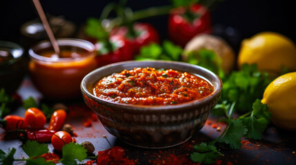 Delicious Traditional Tunisian Hot Chili Pepper Paste Harissa with Ingredients - obrazy, fototapety, plakaty