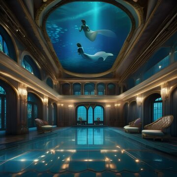 An enchanted, underwater ballroom where mermaids dance under the moonlight3
