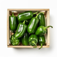 jalapeno chili pepper in the wood box on white background, close up collection of fresh ingredients healthy food, fruit, vegetables for healthy delicious food theme