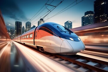 fast train in business center with motion blur background - obrazy, fototapety, plakaty