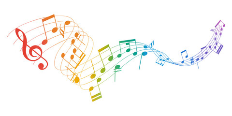 Colorful music note wave. Music notes melody on transparent background.