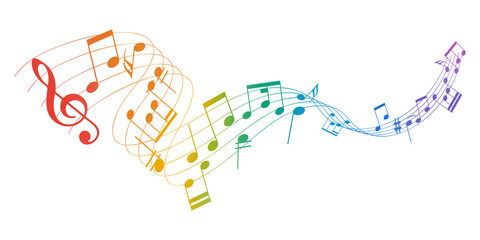 Colorful music note wave. Music notes melody on transparent background.