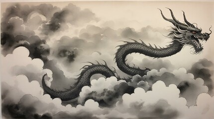 龍の水墨画、 伝統的な東洋の水墨画、墨絵素材、干支｜Ink painting of a dragon. Traditional oriental ink painting, sumi-e materials. zodiac. Generative AI