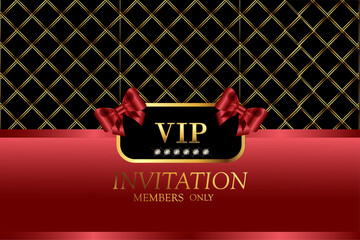 Invitation.Luxurious vector invitation card background with bows and diamonds.Gold lines and red gradient on black background. Premium illustration design for celebrations, openings, invitations.