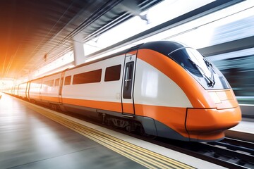 Fototapeta premium fast train in business center with motion blur background