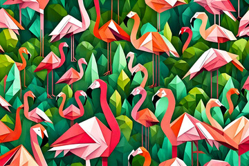 Flamingo bird in the green garden cubism art painting colorful color,wall art,abstract cubism art,printable animal art 