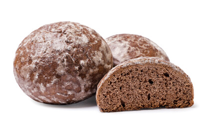 Chocolate gingerbread cookies and half on a white background. Isolated