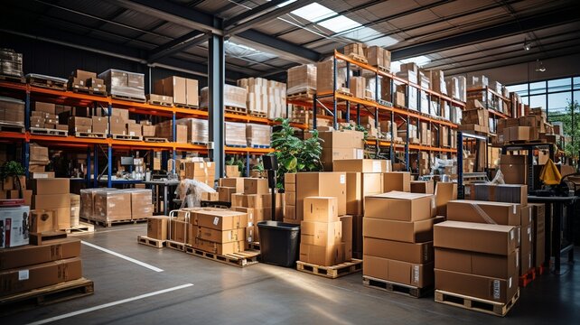 A store warehouse, a sorting room for goods distribution, or a retail warehouse with shelves holding cardboard boxes .