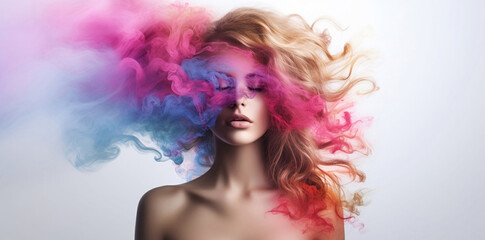 Women faces watercolor illustration. Fashion girl rainbow smoke horizontal copy space on color background Ai.