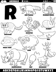 cartoon animal characters for letter R set coloring page
