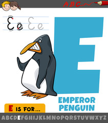 letter E from alphabet with cartoon emperor penguin