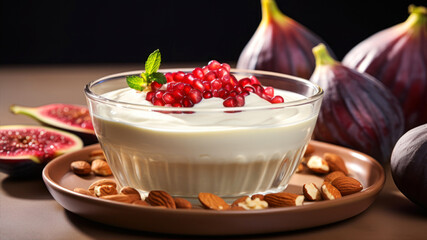 Delicious yogurt with pomegranate seeds and nuts on table