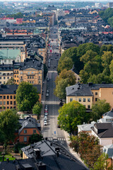 Aerial view of the popular city street Hantverkargatan with surrounding buildings and trees in Stockholm.