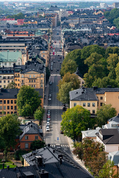 Aerial view of the popular city street Hantverkargatan with surrounding buildings and trees in Stockholm.