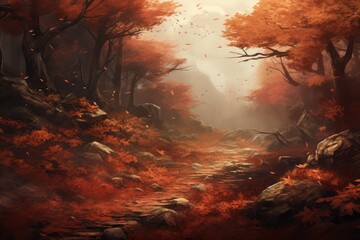 gloomy autumn forest landscape in November with orange color foliage