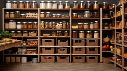 home storage area organize management home interior design pantry shelf and storage for store food and stuff in kitchen home design  - obrazy, fototapety, plakaty