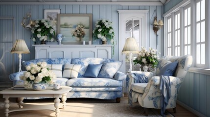 Interior design, living room decor and house improvement, furniture, sofa, home decor, white and blue textiles, country cottage lounge 